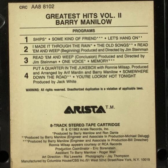 Vintage 8-Track - Barry Manilow - Greatest Hits Vol. II, 1983 Arista Records - Picture 7 of 8